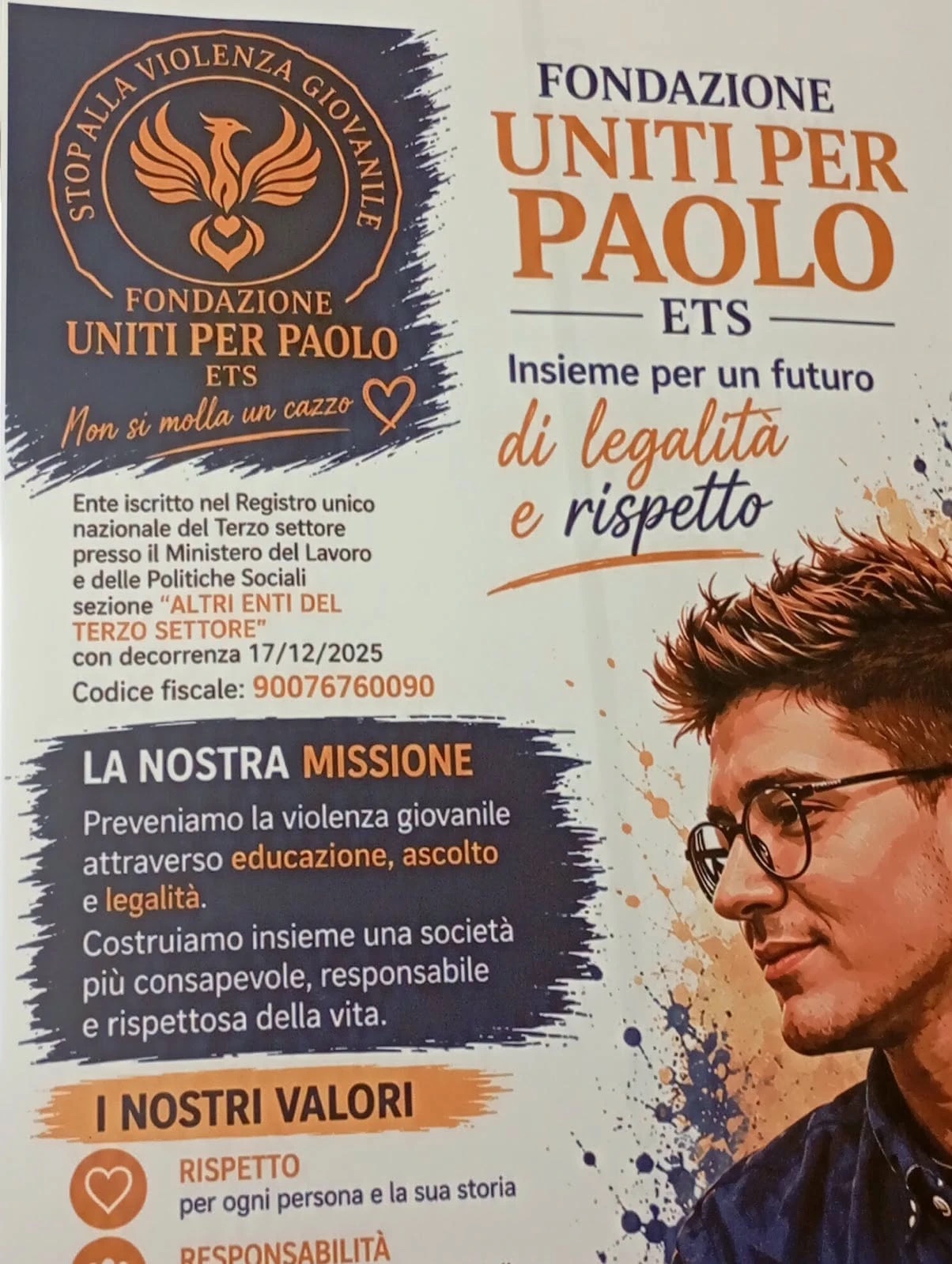Il pannello della Fondazione Uniti per Paolo ETS con la missione e i valori